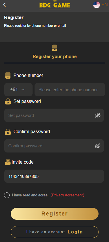 BDG Games official homepage with registration button
